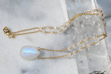 Load image into Gallery viewer, Teardrop Rainbow Moonstone with Rainbow Moonstone Beaded Gold Plated Cable Chain
