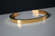 Load image into Gallery viewer, &quot;I AM WORTHY&quot; Affirmation engraved in gold tarnish resistant cuffed bracelet (bendable)
