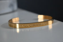 Load image into Gallery viewer, &quot;I AM DESERVING&quot; Affirmation engraved in gold tarnish resistant cuffed bracelet (bendable)
