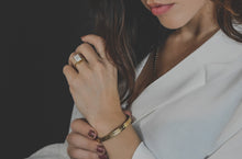 Load image into Gallery viewer, Rectangular Raw Moonstone Gold plated 925 Sterling Silver Ring | &quot;I am powerful&quot; engraved gold stainless steel cuffed bracelet

